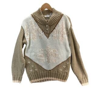 Empire Vintage Granny Knit Snowflake Winter Button Neck Sweater Women Medium